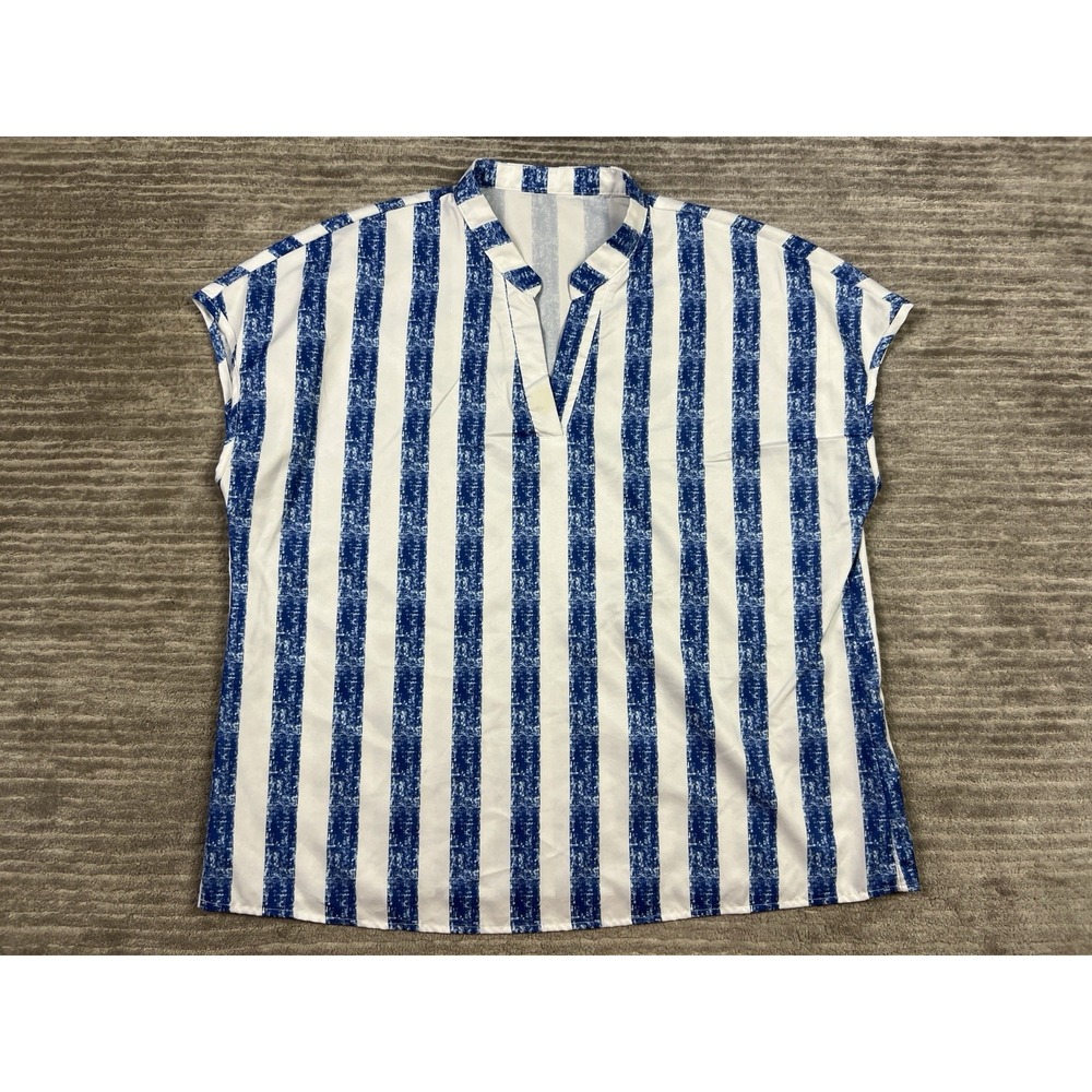 Salanti Top Womens XL Blue Striped V-Neck Short Sleeve Polyester